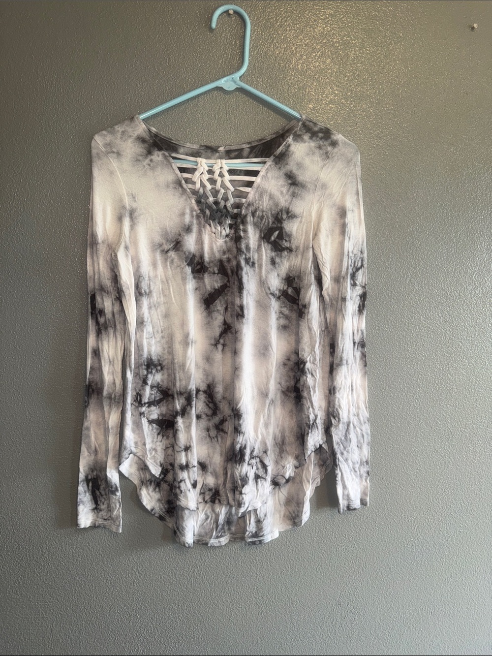 Black & White Tie-Dye Long Sleeve Top with Lattice Back